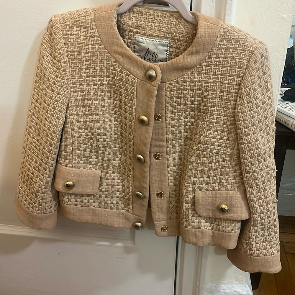 Milly “Phoebe” Pink Tweed Jacket with Gold Buttons